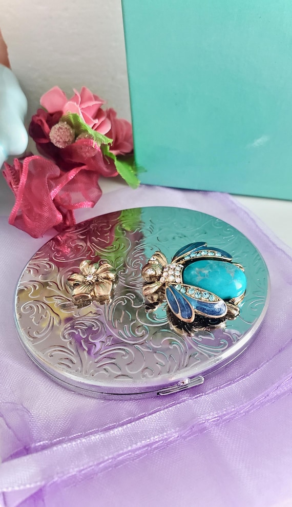 Rhinestone Bumble Bee Compact Mirror, Vintage Dou… - image 2