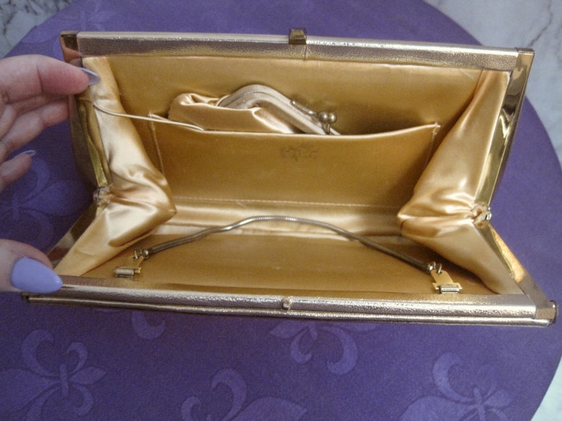 Hide Away Handle After Five * Made in the U.S.A. Vintage 1950s Purse Gold Lame/' Clutch Bag Lift Clasp Closure