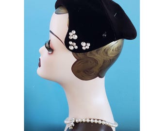 1940's Black Velvet Calot Hat, Vintage Capulet Topper with Rhinestone Accents & Pin