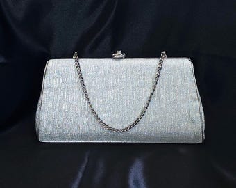Silber Lame 'Gewebe Clutch, Vintage 1950er Metallic Formelle Abend Handtasche Geldbörse, Versteck Griff