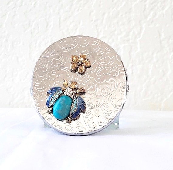 Rhinestone Bumble Bee Compact Mirror, Vintage Dou… - image 1