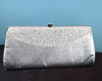 Silver Glittery Clutch Bag, 1950s Vintage Vinyl Handbag, Hidden Chain Link Handle