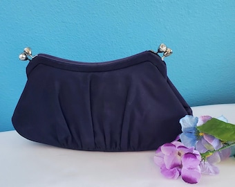 Vintage 1940s Black Evening Bag, Rhinestone Double Kiss Clasps, Gaberdine Clutch Purse, Costume