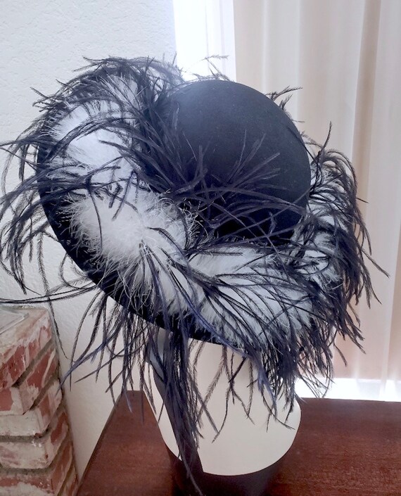 Ostrich Plumage Feathered Hat, 1980s Vintage Blac… - image 5