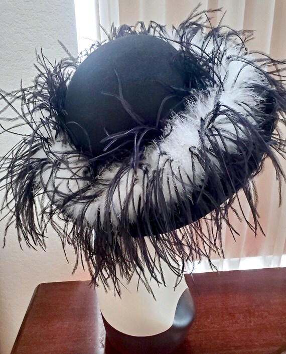 Ostrich Plumage Feathered Hat, 1980s Vintage Blac… - image 2