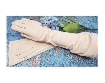 Crescendoe Mid-Arm Gloves, Vintage, 1950s Beige, Nylon Leather Tailored Below Elbow Length, Size 6 1/2
