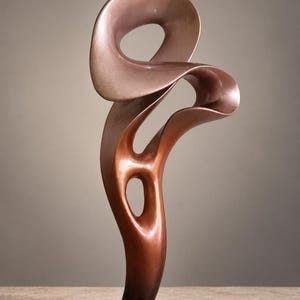 Op de afbeelding: Een verticaal sculptuur met vloeiende, organische rondingen en holle openingen. Het stuk heeft een metallic afwerking die verloopt van een diepe bronskleur aan de basis naar een lichtere, matte kopertint aan de bovenkant, op een zwarte voet.