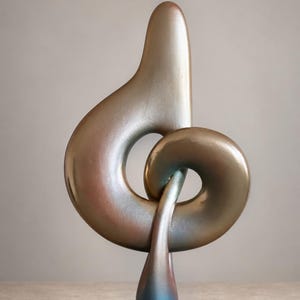 Può includere: Una scultura astratta liscia caratterizzata da una forma a ciclo continuo con una finitura metallica iridescente che varia tra toni bronzo, oro e blu. La scultura è montata su una solida base rettangolare nera e si sviluppa in verticale.