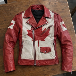 Chaqueta de cuero para hombre con la bandera de Canadá, chaqueta de motociclista con la hoja de arce, abrigo de moto de cuero genuino, chaqueta con la bandera canadiense