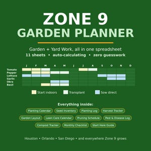 May include: A digital Zone 9 Garden Planner spreadsheet on a dark green background. It features a planting schedule for tomato, pepper, lettuce, garlic, okra, and basil, with color-coded keys for starting indoors, transplanting, and sowing direct.
