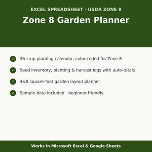 May include: An Excel spreadsheet digital garden planner for USDA Zone 8. Features include a 36-crop planting calendar, seed inventory, planting and harvest logs with auto-totals, a 4x8 square-foot garden layout planner, and sample data.