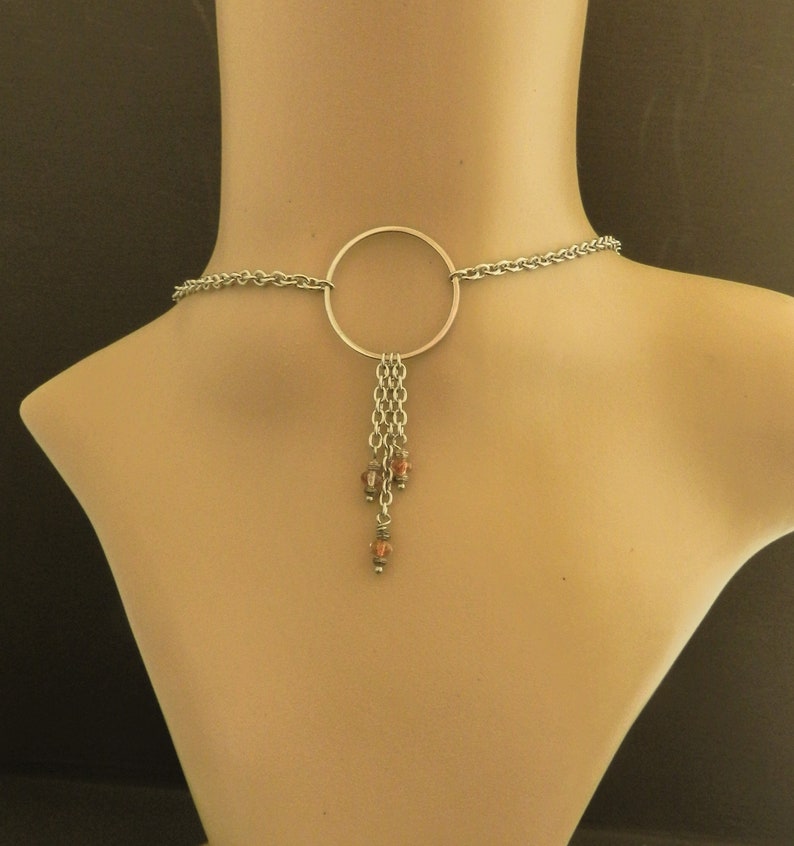 O Ring Necklace Stainless Steel BDSM, Circle Pink Bead Chain Drop