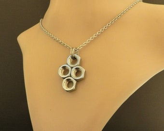 Diamond Pattern Necklace, Unique Four Hex Nut Stainless Steel Pendant, Simple Style Industrial Look Men or Women, Unique Jewelry Unisex Gift