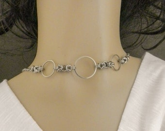 Discreet Triple O Ring Day Collar, Submissive Silver BDSM Choker, DDLG Necklace 24/7 Wear Stainless Steel, Byzantine Accent Gift for Women