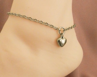 O Ring Heart Dangle Delicate Anklet, Unique Puffy Heart, Womens Steel Jewelry BDSM Ankle Day Collar Bracelet, Discreet Sub for Her 24/7 Wear