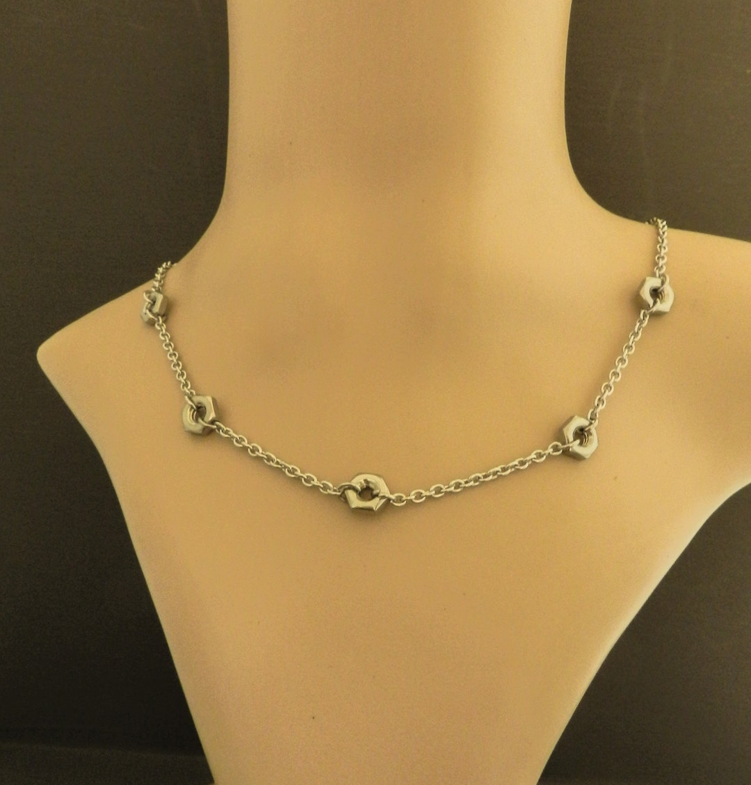 Hex Nut Necklace Silver Industrial Design Stainless Steel Etsy