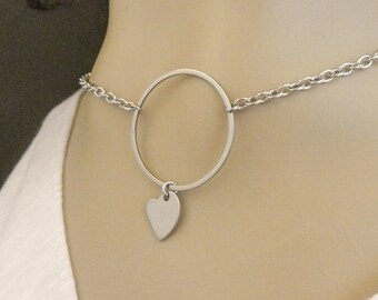 Heart Charm Day Collar Subtle BDSM, Submissive Silver O Ring Choker, DDLG Choker 24/7 Wear Stainless Steel, Gift for Submissive Birthday