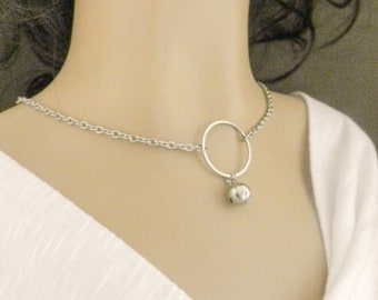 O Ring Discreet Day Collar, Submissive Bondage Bell Charm Silver BDSM Choker, DDLG Necklace 24/7 Wear Steel, Unique Gift for Birthday