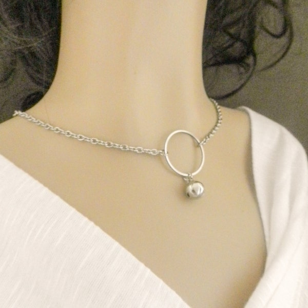O Ring Discreet Day Collar, Submissive Bondage Bell Charm Silver BDSM Choker, DDLG Necklace 24/7 Wear Steel, Unique Gift for Birthday