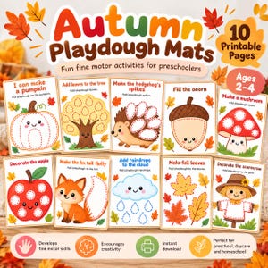 Puede incluir: Un conjunto de 10 tapetes de plastilina otoñales imprimibles para preescolares, con actividades ilustradas como crear una calabaza, púas de erizo y un hongo, incluyendo instrucciones de texto para motricidad fina.