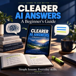 Könnte beinhalten: Ein digitaler Leitfaden mit dem Titel Clearer AI Answers: A Beginner's Guide auf einem Tablet-Bildschirm. Das Bild zeigt einen Bücherstapel, ein offenes Notizbuch mit handschriftlichen Notizen, eine Kaffeetasse und einen Textmarker auf einem Holztisch.