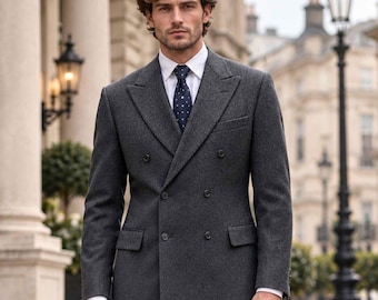 Men’s Charcoal Double Breasted Suit, Six Button Blazer and Tailored Trousers, Elegant City Wedding Formalwear