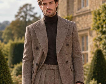 Terno masculino em tweed espinha de peixe, blazer cinza-marrom de abotoamento duplo e calça com pregas, estilo vintage britânico.