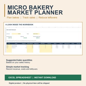 May include: A digital Micro Bakery Market Planner spreadsheet featuring a table for tracking bake plans, revenue, costs, and leftovers. The layout includes sections for market dates, SKU details, and sales history, with a green button for instant download.
