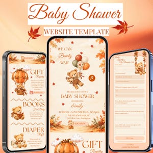 May include: A digital baby shower website template displayed on three smartphones, featuring a teddy bear theme with autumn leaves, pumpkins, and balloons. The text includes Baby Shower, We Can Bearly Wait, and event details for Emily on November 22.