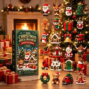 May include: A 2026 Mini Christmas Brick Ornament Advent Calendar box featuring a festive winter scene, displayed alongside 24 individual brick-built ornaments including Santa, a reindeer, snowman, nutcracker, train, and various holiday icons.
