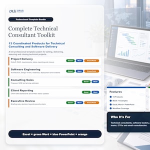 Op de afbeelding: Een digitale productweergave voor een Complete Technical Consultant Toolkit met 13 gecoördineerde sjablonen voor projectoplevering, software engineering, verkoop, klantrapportage en executive reviews, compatibel met Excel, Word en PowerPoint.