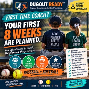 Op de afbeelding: Een digitale download voor honkbal- en softbalcoaches genaamd Dugout Ready. De afbeelding toont twee kinderen met petten en shirts met tekst, een honkbal, een softbal en een lijst met trainingsplannen voor kinderen van 5 tot 8 jaar oud.