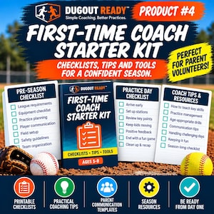 May include: A First-Time Coach Starter Kit for ages 5-8, featuring a central guide, three checklists for pre-season, practice days, and coach tips, a baseball, a softball glove, and five circular icons detailing printable resources and templates.