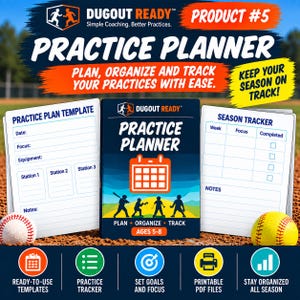 Op de afbeelding: Een Dugout Ready trainingsplanner voor 5- tot 8-jarigen, bestaande uit een centraal plannerboek, een trainingsplansjabloon en een seizoentracker. Het ontwerp bevat honkbal-silhouetten, een kalenderpictogram en beschrijvende tekst.