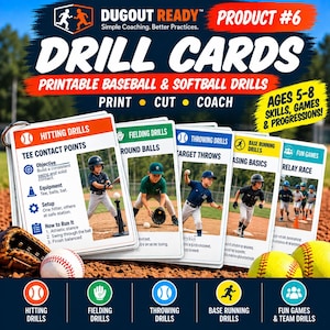 May include: A set of printable baseball and softball drill cards for ages 5-8, featuring instructional content on hitting, fielding, throwing, base running, and fun games. The cards are bound by a metal ring and include text and photos.