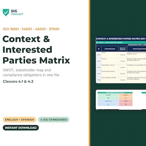 May include: A digital document titled Context & Interested Parties Matrix for ISO 9001, 14001, 45001, and 37001 standards. It includes a table for interested parties, requirements, and expectations, plus a SWOT analysis and stakeholder map grid.