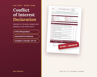 May include: A Conflict of Interest Declaration word form template featuring a maroon sidebar with white text and a document preview showing eight yes or no questions, a header with ISO 37001, and a red sticker labelled YES - declared.