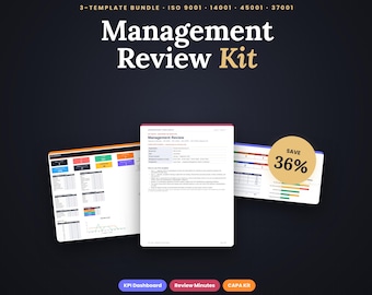 May include: A Management Review Kit bundle featuring three templates for ISO 9001, 14001, 45001, and 37001. The display includes a KPI dashboard, review minutes document, and CAPA kit, with a circular badge indicating a 36% savings on the digital set.