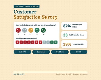 May include: A Customer Satisfaction Survey template featuring an ISO 9001 Excel and Word interface. It displays an on-time delivery rating scale, a recommendation scale from 0 to 10, and metrics including an 87% satisfaction index, 38 Net Promoter Score, and 39% response rate.