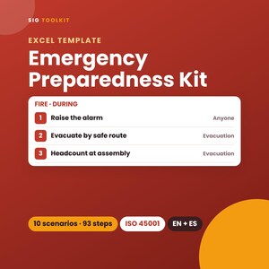 Könnte beinhalten: Eine Excel-Vorlage für ein Notfallvorsorge-Set auf rotem Hintergrund. Es listet Brandschutzschritte auf: 1. Alarm auslösen, 2. Über sicheren Weg evakuieren, 3. Zählung am Sammelplatz. Text: SIG TOOLKIT, 10 Szenarien, 93 Schritte, ISO 45001, EN + ES.