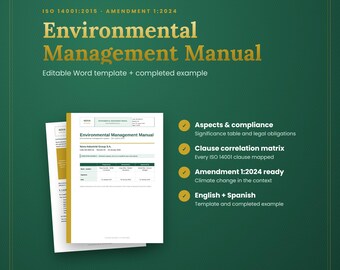Environmental Manual Template Word | ISO 14001 EMS Manual with Aspects, Legal Compliance & Process Map | English Spanish