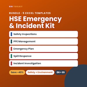 Peut inclure: Un ensemble numérique de 5 modèles Excel intitulé HSE Emergency & Incident Kit. La liste comprend Safety Inspections, PPE Management, Emergency Plan, Spill Response et Incident Investigation. Le fond est orange avec du texte blanc.