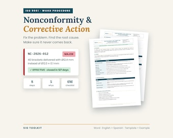 May include: An ISO 9001 word procedure document for Nonconformity & Corrective Action. It displays a case study for NC-2026-012 regarding 40 brackets with a 12.4 mm diameter, featuring 8 steps, 5 whys, and a 6M checklist. The document includes text.