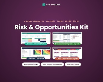 May include: A Risk & Opportunities Kit featuring 4 Excel templates for ISO 9001, 14001, 45001, and 37001. The kit includes dashboards, heat maps, and a Start Here guide, with sections for Context & Interested Parties, Environmental Aspects & Impacts, HIRA Risk Assessment, and a Risks & Opportunities Register.