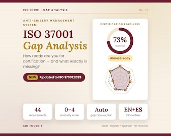 May include: A digital document titled ISO 37001 Gap Analysis for an anti-bribery management system. It features a 73% readiness progress ring, a radar chart, and data boxes showing 44 requirements, a 0-4 maturity scale, and EN+ES files.