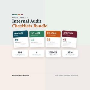 Pacchetto di checklist per audit interni ISO / Checklist Excel ISO 9001, 14001, 45001 e 37001, 164 domande, risultati / Inglese Spagnolo