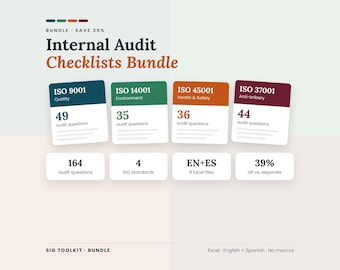 May include: Internal Audit Checklists Bundle featuring four ISO standards: 9001 Quality, 14001 Environment, 45001 Health & Safety, and 37001 Anti-bribery. Includes 164 total audit questions across 8 Excel files in English and Spanish.