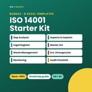 May include: A digital bundle of 8 Excel templates titled ISO 14001 Starter Kit. The graphic features a dark green background with white text listing Gap Analysis, Legal Register, Waste Management, Monitoring, Aspects & Impacts, Master List, Env. Emergencies, and Audit Checklist.