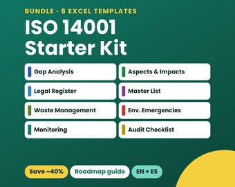 May include: A digital bundle of 8 Excel templates titled ISO 14001 Starter Kit. The graphic features a dark green background with white text listing Gap Analysis, Legal Register, Waste Management, Monitoring, Aspects & Impacts, Master List, Env. Emergencies, and Audit Checklist.