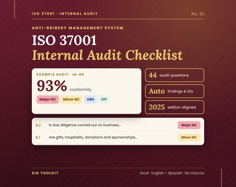 May include: A digital document titled ISO 37001 Internal Audit Checklist with a dark red background. It displays a 93% conformity score, 44 audit questions, auto findings, and 2025 edition alignment. The interface includes status labels for Major NC, Minor NC, OBS, and OFI.